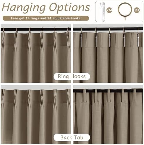 Dark Taupe Linen Pleated Curtains 72 Inch Length 2 Panels for Living