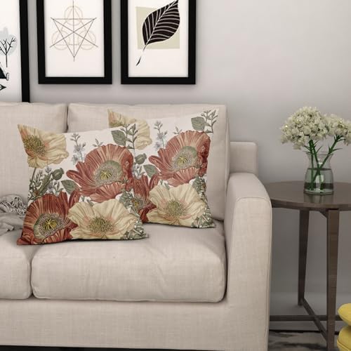 Vintage Floral Pillow Covers 18X18 Inch Set of 2 Red Rust Brown Yellow