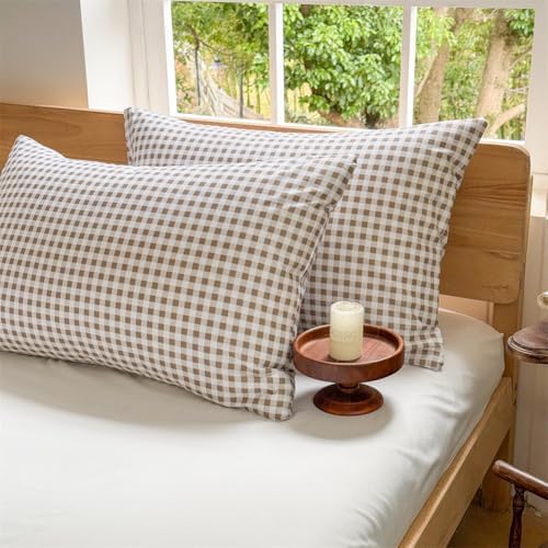 NSNLGSGC Tan Gingham Plaid Pillow Shams, 20"x30", Set of 2