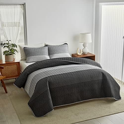 Flysheep Boho Striped Quilt Set King Size, 3 Pcs Grey and White