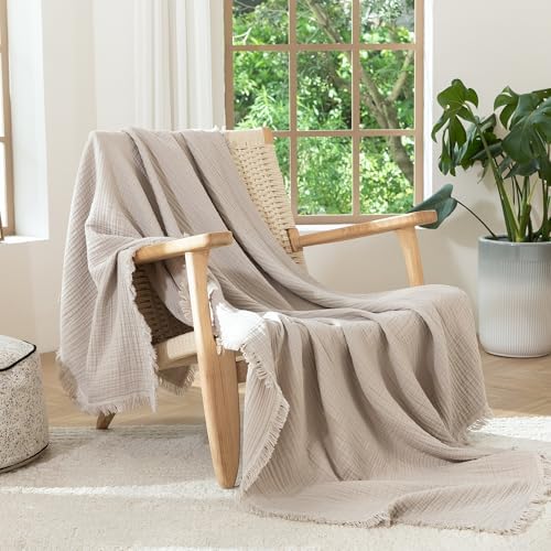 MooMee 100% Cotton Muslin Blanket Fringed 4-Layer Gauze Bed Throw