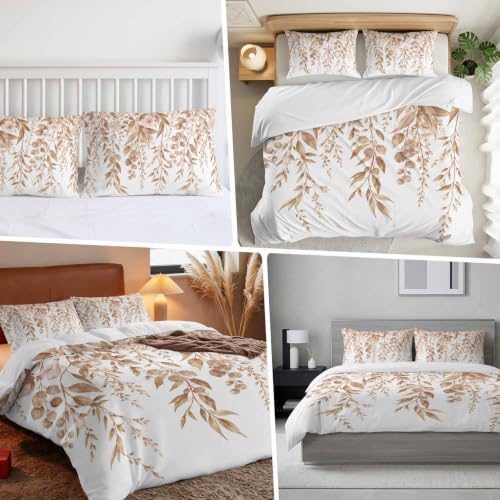 Duvet Cover King Size, Brown Eucalyptus Leaves 3-Piece Bedding