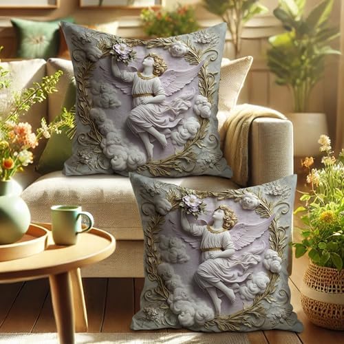 Angel Decorative Pillow Covers Set of 2, Vintage Style Cream and Gold