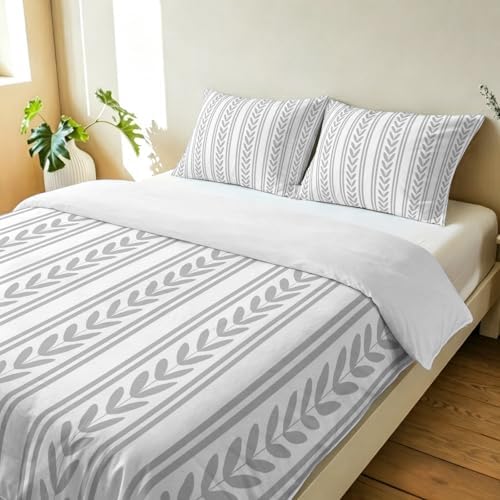 3 Pieces Bedding Set King Size, Grey Botanical Soft Duvet Covers Set