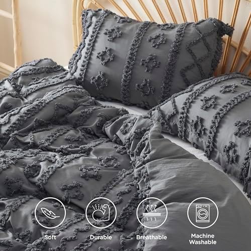 Bedsure Boho Duvet Cover Queen, Tufted Embroidery, 3-Piece, Dark Grey