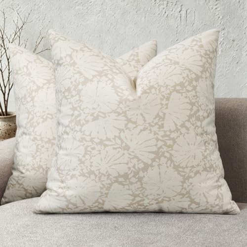 Neutral Floral Double Sided Block Print Pillow Covers 20x20 Set of 2