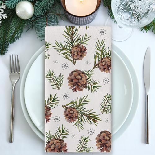 Hello Winter Brown Kitchen Dish Towel, Pine Cones Branches Snowflakes