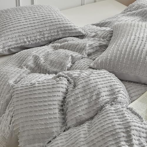 WARMDERN Grey Boho Duvet Cover Set Queen Size, Tuft Texture, 3-Piece