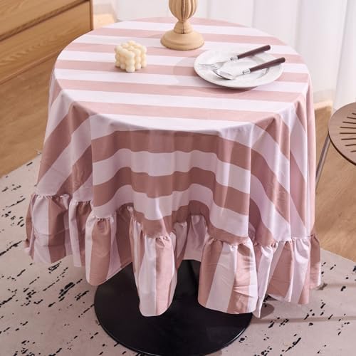 Beige and Khaki Striped Round Tablecloth 70 Inch Boho Ruffle Velvet