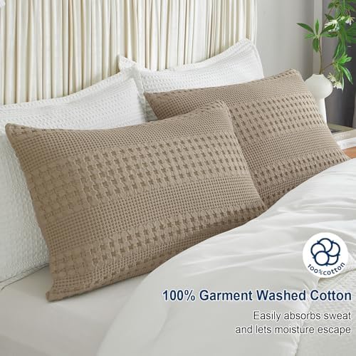 PHF 100% Cotton Waffle Pillow Shams King Size, 2 Pack 20" x 36" Soft