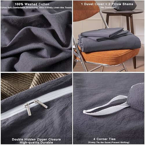 Janlive Washed Cotton Duvet Cover Set Linen Feel Textured Ultra Soft