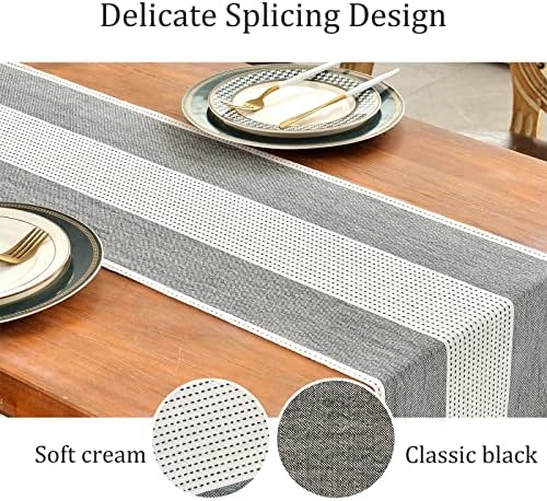 Wracra Linen Table Runner, Stripe Table Runners 90 Inches Long Black