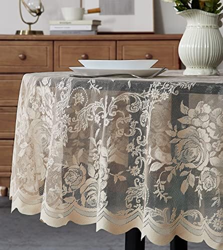 ASATEX 90 Inch Golden Linen Round Lace Tablecloth. LUT Linen Rou 90"