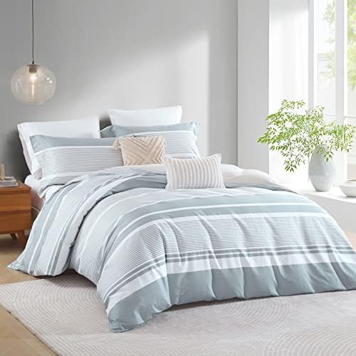 CozyDH Grey White Duvet Cover Set King Size, Modern Striped, 100%