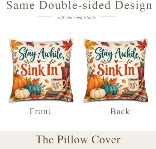 Leaves Plaid Decor Pillow Covers 22x22 Inch Set of 2 Linen for Fall