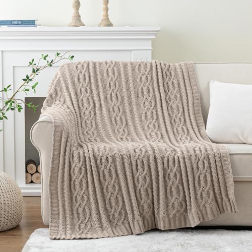 Battilo Light Grey Throw Blanket for Couch, Woven Chenille Knit Throw