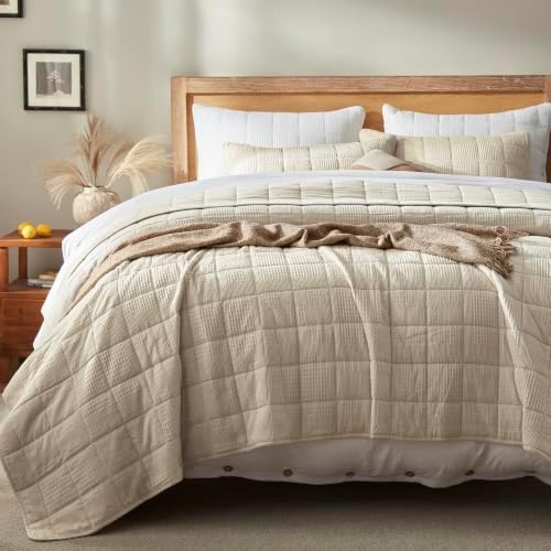 LEAONME 3Pc Quilt Set Cotton Waffle Oversized Cal King Blanket