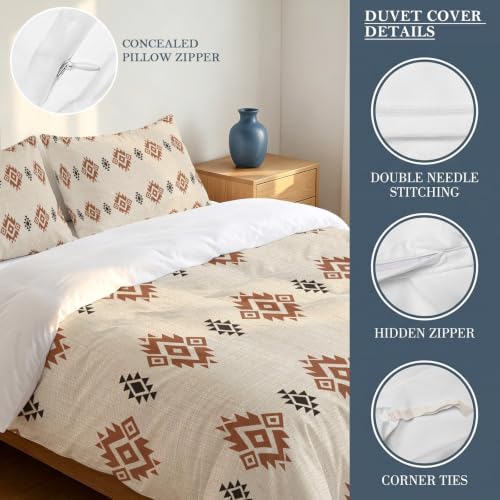 Beige Boho Duvet Cover Queen Size, Western Ethnic Tribe Linen Texture