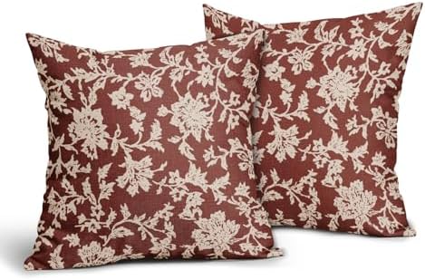 Rustic Red Floral Pillow Covers 18x18 Set of 2 Brown Cream Vintage