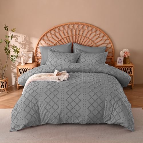 Manyshofu Grey Tufted Duvet Cover Set, 5 Piece Boho Full Bedding