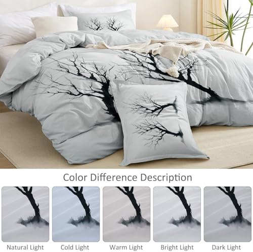 Light Gray Duvet Cover Set King Size, Minimalist Dead Branch Pattern