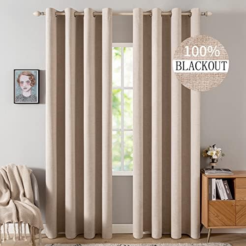 MIULEE Natural Beige 100% Blackout Curtains 84 Inches Long for Bedroom