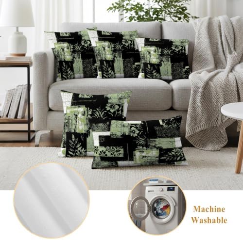 Sage Green Black Floral Leaves Decorative Throw Pillow Covers 18x18