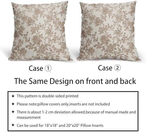 Light Brown Floral Pillow Covers 20x20 Set of 2 Vintage Flower Design
