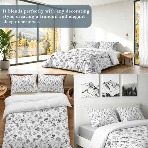 Grey Floral Duvet Cover Set 3 Pieces with Zipper Closure, Elegant
