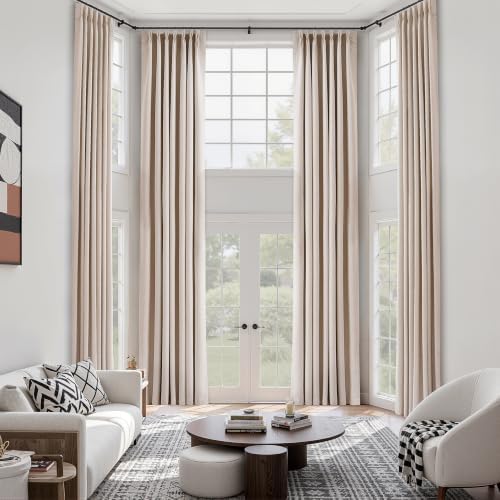 144 Inch Extra Long 100% Blackout Linen Pinch Pleated Curtain Oatmeal