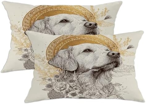Set of 2 Decorative Throw Pillow Covers, Cream Dog Illustration with