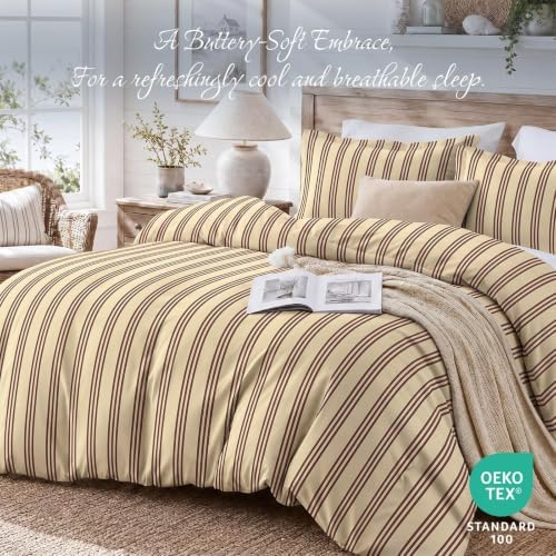 JOLLYVOGUE Striped Duvet Cover King, Brown Duvet Cover with Red