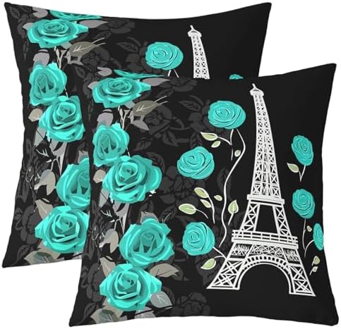 jejeloiu Eiffel Tower Throw Pillow Covers 22"x22" Set of 2 Paris Teal