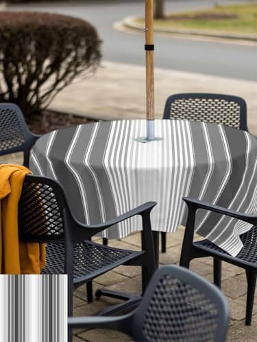 Outdoor Tablecloths with Umbrella Hole & Zipper, Gray Vertical Stripes