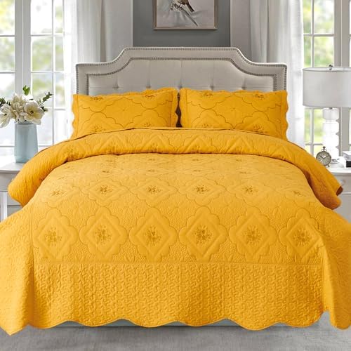 Cmfshape Floral Embroidery Quilt Set,3 Pieces Queen Quilt Bedding