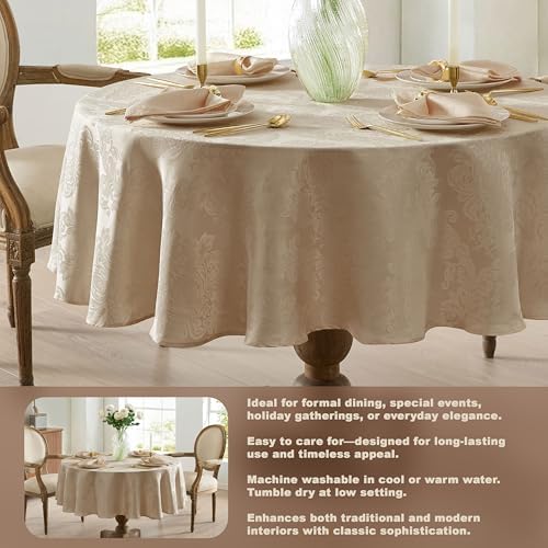 Newbridge Barcelona Damask 70 Inch Round Tablecloth, Golden Beige