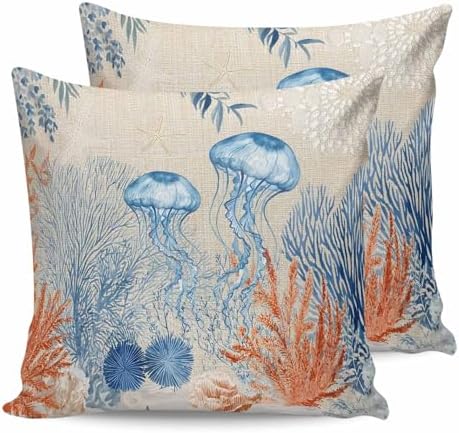 16x16 Pillow Covers Set of 2, Coastal Jellyfish Throw Pillow Covers