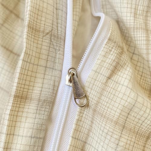 PinkMemory Beige Gingham Duvet Cover Bedding Queen 100% Washed Cotton