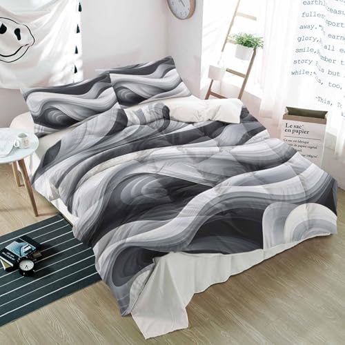 Duvet Cover Set Queen, Abstract Gradient Gray White Water Ripple
