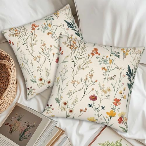 Cream Ivory Wildflower Meadow Throw Pillow Covers 18x18 Set of 2