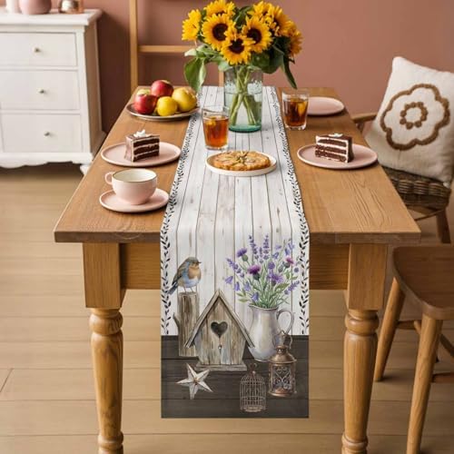 Floral Vases Table Runner 120 inches Long Vintage Birds Cages