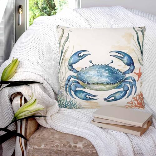 Pillow Covers 20x20 Set of 2, Blue Teal Crab Coastal Square Throw