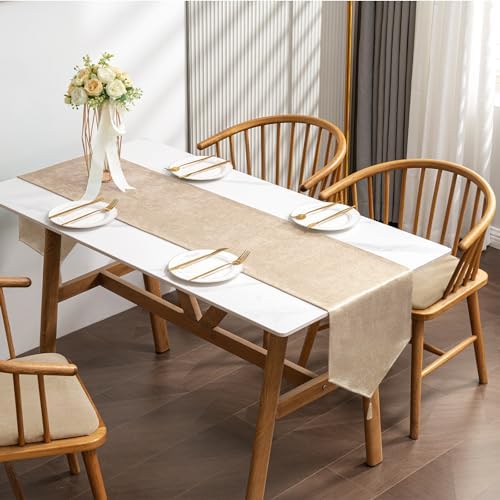 BALCONY & FALCON Table Runner Faux Linen Shimmer Beige 14"x118"