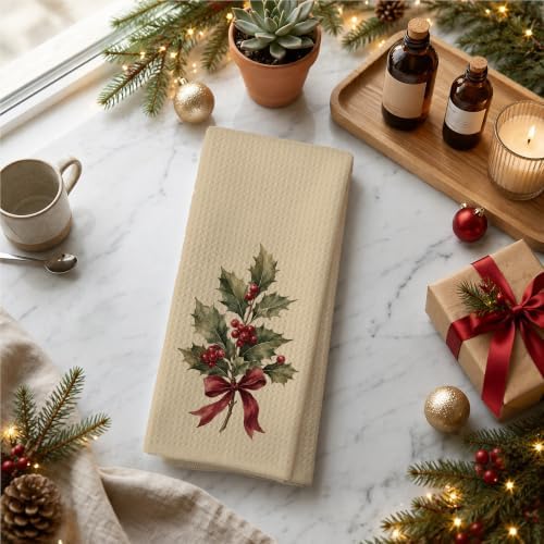 Neutral Holly Berry Christmas Decorative Kitchen Towels 16x24 Inch