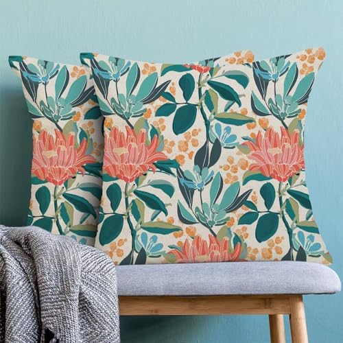Coral Floral Pillow Covers 20x20 Inch Set of 2, Turquoise Orange