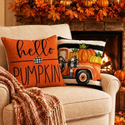 Fall Throw Pillow Covers for Home Strip Pumpkin Pillowcase 18x18 Set