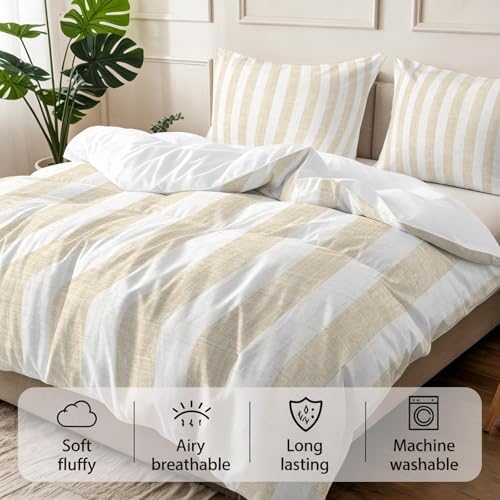 3 Pieces Bedding Set King Size, Beige Striped Soft Duvet Covers Set