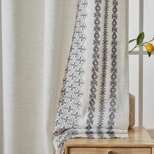Boho Curtains for Bedroom 63 Inch Length Beige Linen Curtains for