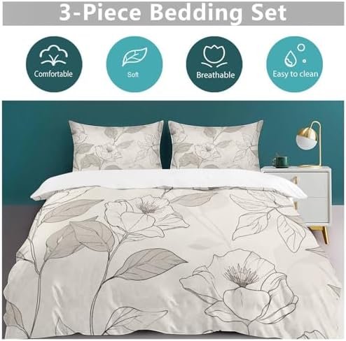Retro Floral Plant Duvet Cover Set, 3 Piece Microfiber Bedding Set