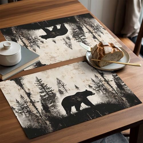Placemats Set of 8, Black Beige Rustic Bear Woven Placemat, Linen